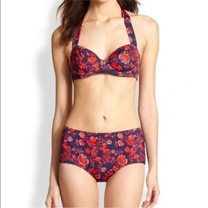 Pret-a-Surf Retro Halter Two Piece Bikini Bathing Suit in Red Blue Floral Toile